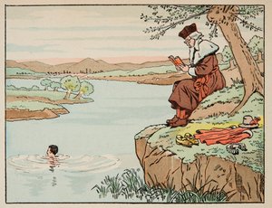 Illustrasjon hentet fra boken «Le bon roy Henri», illustrert av Jacques Marie Gaston Onfray de Breville dit JOB (1858-1931): Utdanning på 1500-tallet: svømming - Privat samling av pseudonym for Onfray de Breville Jacques Job