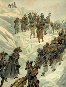 Italiensk kampanje (1799-1800): passering av Saint Bernard-passet inn i Alpene av hæren til Napoleon I Bonaparte (1769-1821) 20. mai 1800. Illustrasjon av Jacques Marie Gaston Onfray de Breville dit JOB (1858-1931). Privat samling av pseudonym for Onfray de Breville Jacques Job