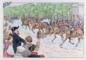 Jacques Marie Gaston Onfray de Breville var JOB (1858 - 1931); Illustrasjon fra boken «Les epees de France»: Eskorte av keiser Napoleon 3 på Champs Elysees; Coll, del av pseudonym for Onfray de Breville Jacques Job