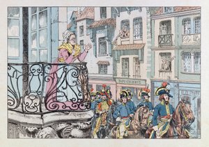 Jacques Marie Gaston Onfray de Breville var JOB (1858 - 1931); Illustrasjon fra boken «Les epees de France»: General Louis Lazare Hoche (1768-1797) besmitter i spissen for sine tropper; Coll, del av pseudonym for Onfray de Breville Jacques Job
