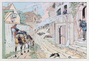Jacques Marie Gaston Onfray de Breville var JOB (1858 - 1931); Illustrasjon hentet fra boken "" Les epees de France"": Episode av den franske prøyssiske krigen i 1870, angrep gitt av 9. Cuirassiers i landsbyen Morsbronn; Coll, del av pseudonym for Onfray de Breville Jacques Job