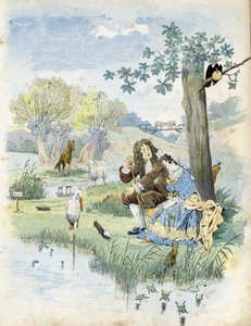 Jean de La Fontaine (Lafontaine) (1621-1695) snakker med en ung jente. Rundt dem finnes dyr i dikterens fabler: ulv, lam, stork, skilpadde, rotte, frosk, hare, rev, ravn ... i "" Frankrike, historien hans fortalt av G. Montorgueil, imagee av Job" ” 1896. P av pseudonym for Onfray de Breville Jacques Job