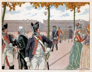 Joachim Murat (1767-1815) og Bessieres i Paris i 1791 iført drakten til kongens grunnlovsvakt. Gravering av Jacques Marie Gaston Onfray de Breville dit Job (1858-1931) av pseudonym for Onfray de Breville Jacques Job