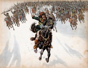 Joachim Murat (1767-1815) i spissen for kavaleriet i slaget ved Eylau 8. februar