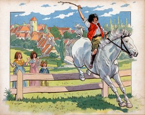 Joachim Murat (1767-1815) barn på hest trener på å hoppe hekk. Gravering av Jacques Marie Gaston Onfray de Breville dit Job (1858-1931) av pseudonym for Onfray de Breville Jacques Job