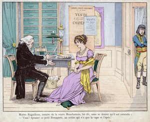 Josephine and the notary - Maitre Raguideau, notary of the widow Beauharnais, said to him, Ye! marry this little Bonaparte - Master Raguidea and Josephine - (You! Marry this little Bonaparte) - lithograph by Job (Jacques Onfroy de Breville) from “” Le Gran av pseudonym for Onfray de Breville Jacques Job
