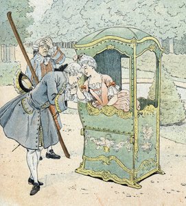 Dame av adelen på 1700-tallet, i en stol med portører som mottar kyssehånden av pseudonym for Onfray de Breville Jacques Job
