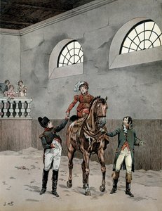 Napoleon I Bonaparte (1729-1821) deltok på ridetimene til imponen Marie Louise av Østerrike (1791-1847). I "" Napoleon"" av Georges Montorgueil. Illustrasjon av Jacques Marie Gaston Onfray de Breville dit JOB (1858-1931) av pseudonym for Onfray de Breville Jacques Job