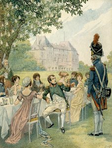 Napoleon I Bonaparte (1769-1821) under en lunsj i hagen til slottet Malmaison. Illustrasjon av Jacques Marie Gaston Onfray de Breville dit JOB (1858-1931). Privat samling av pseudonym for Onfray de Breville Jacques Job