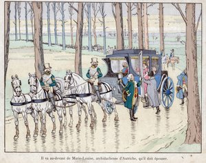 Napoleon møter erkehertuginne Marie-Louise av Østerrike - 1810 - litografi av Job (Jacques Onfroy de Breville) fra "" Le Grand Napoleon des Petites Enfants""" 1893 av pseudonym for Onfray de Breville Jacques Job