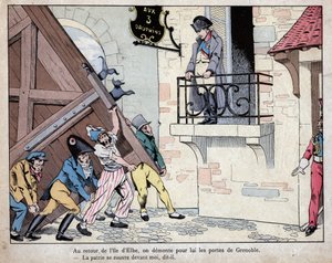 Napoleon samler soldatene sine til Grenoble ved hjemkomsten fra Elba - Byen Grenoble åpner portene for Napoleon ved hjemkomsten fra eksil på Elba, 7. mars 1815 - litografi av Job (Jacques Onfroy de Breville) fra "" Le Grand Napoleon des Petit av pseudonym for Onfray de Breville Jacques Job