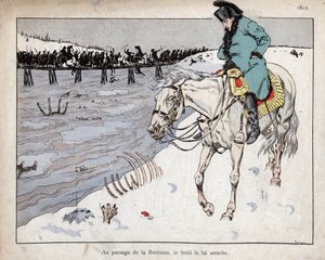 Napoleon ser på restene av Grand Armee som krysser elven Berezina på tilfluktsstedet fra Moskva av pseudonym for Onfray de Breville Jacques Job