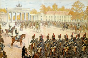 Den 27. oktober 1806 gikk Napoleon I Bonaparte (1769-1821) og hans hær inn i Berlin. I "" Napoleon"" av Georges Montorgueil. Illustrasjon av Jacques Marie Gaston Onfray de Breville dit JOB (1858-1931) av pseudonym for Onfray de Breville Jacques Job