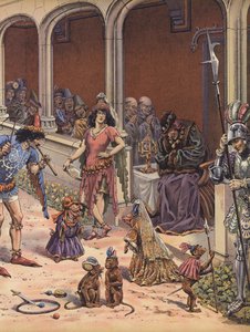 Utøvere som underholder den gamle kong Louis XI av Frankrike (farge litho) av pseudonym for Onfray de Breville Jacques Job