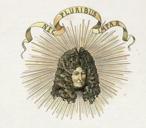 Portrait of King Louis XIV (1638-1715) with his motto in Latin “Nec pluribus impar”” (A no other similar). in “” France, his story told by G. Montorgueil, imagee by Job”” 1896. Private collection. av pseudonym for Onfray de Breville Jacques Job
