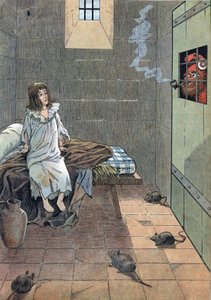 Scene fra Frankrikes historie i leker: Den franske revolusjonen. Dauphinen av Frankrike Louis XVII (1785-1795) ved tempelfengselet. I "" Joujoux a l'histoire: Frankrike iscenesatt med Joujoux av to små franskmenn "". Illustrasjon av av pseudonym for Onfray de Breville Jacques Job