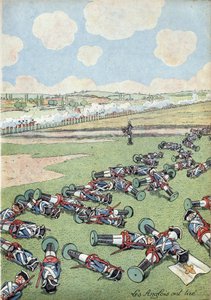 Scene fra Frankrikes historie i leker: Østerrikes arvefølgekrig (1740-1748). Troppen av infanterister fra den franske hæren drept av engelskmennene i slaget ved Fontenoy 11. mai 1745. I “” Joujoux a l'histoire: la France iscenesatt med Joujoux de d av pseudonym for Onfray de Breville Jacques Job