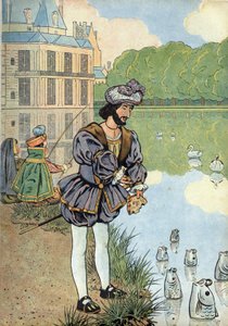 Scene of the history of France in toys: the King of France Francois I (1494-1547) gives bread to the fish of the park of Fontainebleau. In “” Joujoux a l