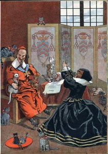 Scene fra Frankrikes historie i leker: kvinne som ber om tilgivelse til kardinal Richelieu (1585-1642) omgitt av katter. I "" Joujoux a l