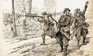 Shoot them! French soldiers of the 1914-1918 war sent on patrol to recognize the strength and exact location of the enemy. Having found the German troops, they gave the order to fire without worrying about being caught between fires. Illustration of Job (J av pseudonym for Onfray de Breville Jacques Job