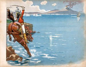 Engelskmennene red på kysten av staten hans, og mens han syklet på hesteryggen på kysten, så Joachim Murat (1767-1815), konge av Napoli, en engelsk fregatt, dyttet hesten hans i vannet og stormet. Gravering av Jacques Marie Gaston Onfray de Breville av pseudonym for Onfray de Breville Jacques Job