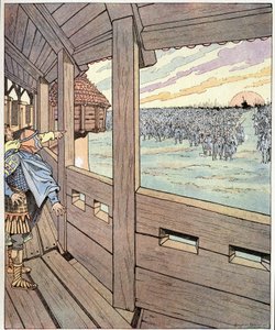 Jernmannen, dette er Karl den Store. Oggers ord til kongen av langobardene Didier da han pågrep kong Karl den Store eller Charles I den store (742-814) fra toppen av Pavias murer i 774. Illustrasjon av Job (Jacques Marie Gaston Onfray og Breville av pseudonym for Onfray de Breville Jacques Job