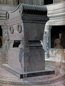 Graven til keiser Napoleon I Bonaparte (1769-1821) ved Invalides med spøkelsesvakter. I "" Napoleon"" av Georges Montorgueil. Illustrasjon av Jacques Marie Gaston Onfray de Breville dit JOB (1858-1931) av pseudonym for Onfray de Breville Jacques Job