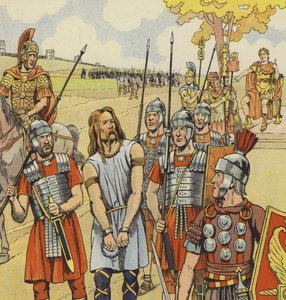 Vercingetorix overgir seg til Julius Caesar, 52 f.Kr. (farge litho) av pseudonym for Onfray de Breville Jacques Job