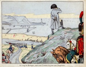 Angrepsprosjekt av England av engelsk hær ledet av Napoleon fra Boulogne-sur-Mer leir i mars 1803 - litografi av Job