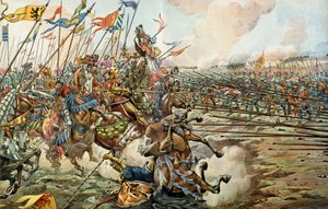 Slaget ved barnebarnet mellom burgunderne og sveitserne ved Grandson, Sveits 2. mars 1476. Illustrasjon av Jacques Marie Gaston Onfray de Breville dit JOBB