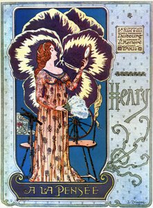 Art Nouveau: reklameplakat for kosmetikkbutikken "Henry a la Thought" i Paris. En ung kvinne beundrer seg selv i et speil, bak henne en tankeblomst. Illustrasjon av L. Trianon av pseudonym of Trinquier Louis Trinquier Trianon