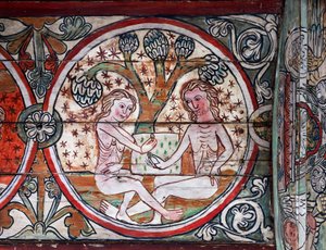 Adam og Eva i Edens hage, dekorasjon fra Al Stavkirke, Norge (fresco)