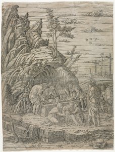 Gravleggingen med de fire fuglene av school of Andrea Mantegna