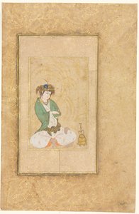 Ungdom sitter ved en pil; Enkeltside illustrasjon av style of Muhammad Yusuf