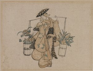 En skjønnhet som bærer to bøtter med blomster av style of Torii Kiyomasu