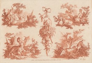 To pastorale vignetter, to jaktvignetter og et trofé av the Elder and Jean Baptiste Hüet Gilles Demarteau