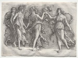Fire dansende muser, ca. 1497. av the so called Premier Engraver