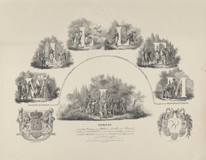Allegory of the Virtues of King William I, 1831 William I First Constitutional King of Holland, Restorer of our National Freedom and Independence (...) (tittel på objekt) av van der Meulen