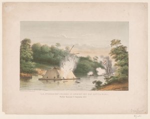 Z.M. Steamship Celebes i kamp med en kotta-mara. Poeloe Kanamit, 6. august 1859 (tittel på objekt) av weduwe Elias Spanier and Zn
