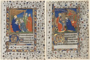 Bifolio fra en timebok: Tilbedelse av magi og kroning av jomfruen