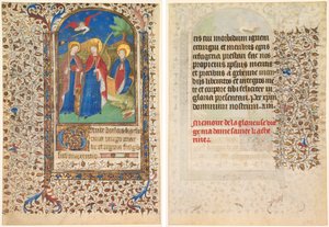 Blad fra en timebok: Sts. Geneviève, Katarina av Alexandria, og Margaret (rekto) og tekst (verso)