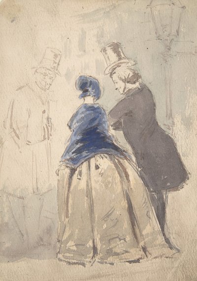 Gatescene fra Vanity Fair, med Amelia, George Osborne og Dobbin recto..., 1800-1819. av Jerry Barret