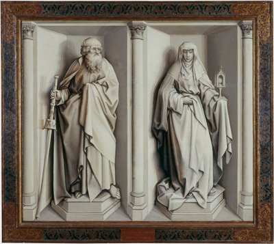 ""Jomfruens bryllup"" Verso-maleri på tre av Robert Campin, kjent som Mesteren av Flemalle (1375-1444) 1420 Dim. 0,77x0,88 m Madrid, Prado-museet --- Jomfruens bryllup. Maleri på tre av Robert Campin kjent som Mesteren av Flemalle (1375- av Master of Flémalle