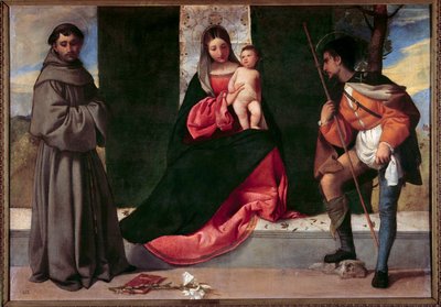 Jomfruen og barnet mellom Saint Anthony av Padua (san antonio di padova) og Saint Roch Maleri av Giorgio Barbarelli da Castelfranco dit Giorgione (1477-1510). 1500-talls søn. 0,92x1,33 m Madrid, Prado-museet av Giorgione