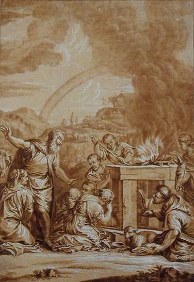 Noah etter flommen, gravert av Elishah Kirkhall (1682-1742) (farge litho) av Veronese