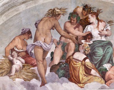 Allegorier om sommer og høst (Bacchus og Ceres), Nordmuren, lunette over døren til hagen, Hall of Olympus av Veronese