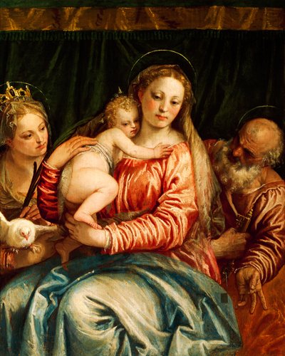 Madonna og barn, helgen og St Peter av Paolo Caliari kjent som Veronese (1528-1588), olje på lerret av (1528 88) Veronese