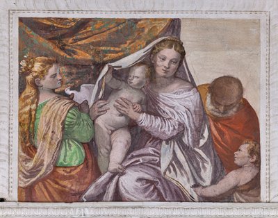 Madonna med spedbarnet Jesus og St. Catherine tilbyr en due til Jesus, sørveggen i rommet til den lille hunden, detalj av 2632659 av Veronese
