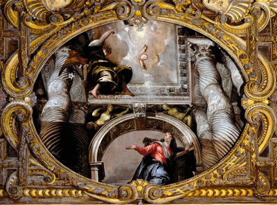 Kunngjøring. Maleri av Paolo Caliari kalt Paolo Veronese (1528-1588), etter 1568. Olje på lerret. Mål: 340x455cm. Venezia, SS-basilikaen. Giovanni e Paolo (San Zanipolo), kapell i rosenkransen. Venezia (Basilica of Saints Giovanni and Paolo (San Zanipo av Veronese