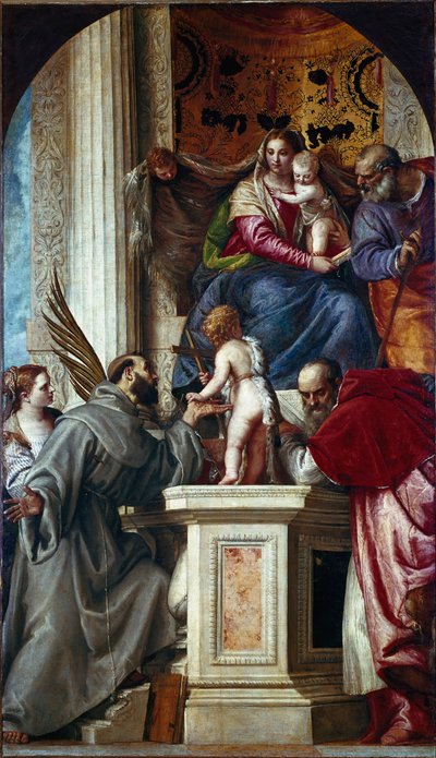 Den hellige familie med hellige (Hellig samtale kjent som Pala di San Zaccaria eller St. Sakarias altertavle). Maleri av Paolo Caliari Paolo Veronese (1528-1588) av Veronese